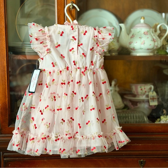Little Lass Spring/Summer pink with cherry print Ruffled Tulle Dress 18 months - Picture 2 of 6